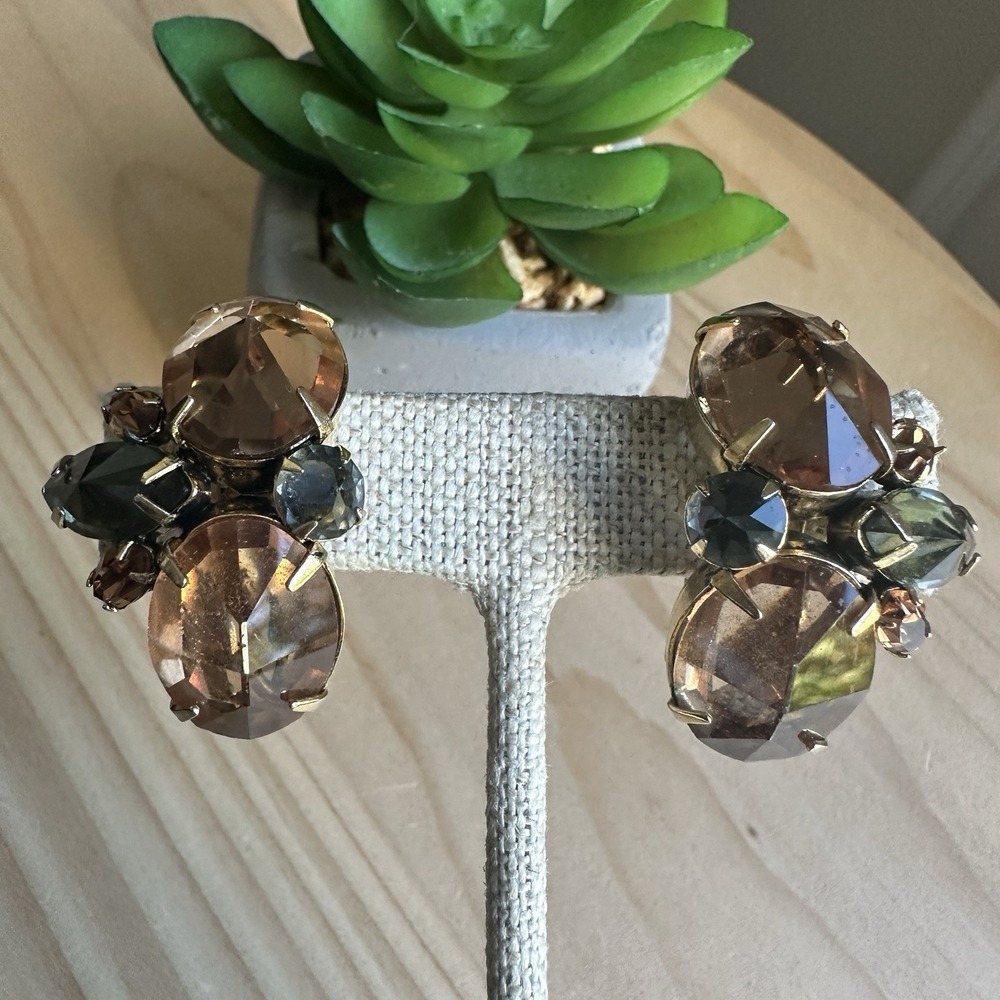 VTG Signed‎ Schreiner NY Clip Earrings 1.25" Amber Smoky Crystals Gold Plated